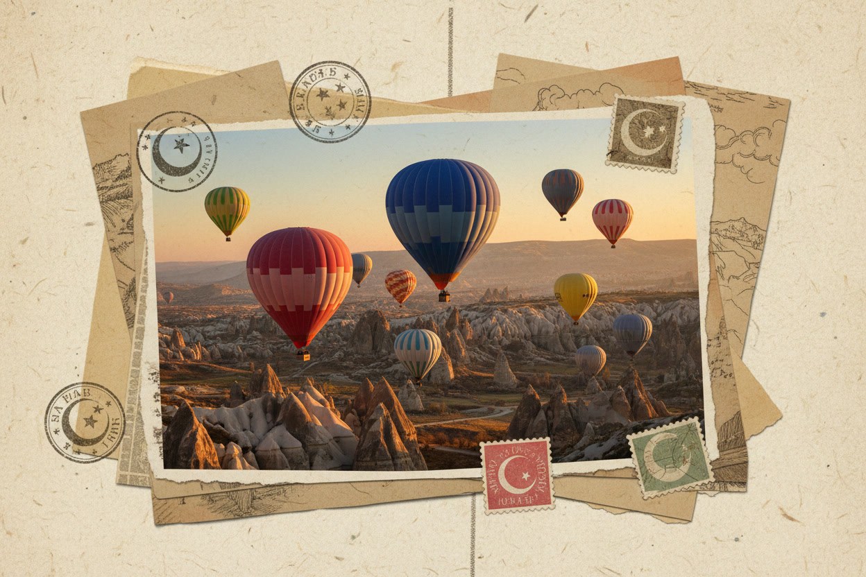 Kapadokya balonlarından kartpostal-kolaj